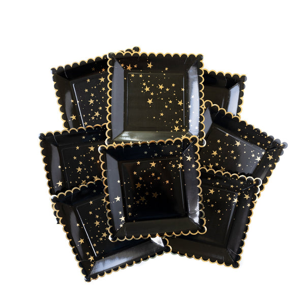 Gold Stars Black Scalloped Plates